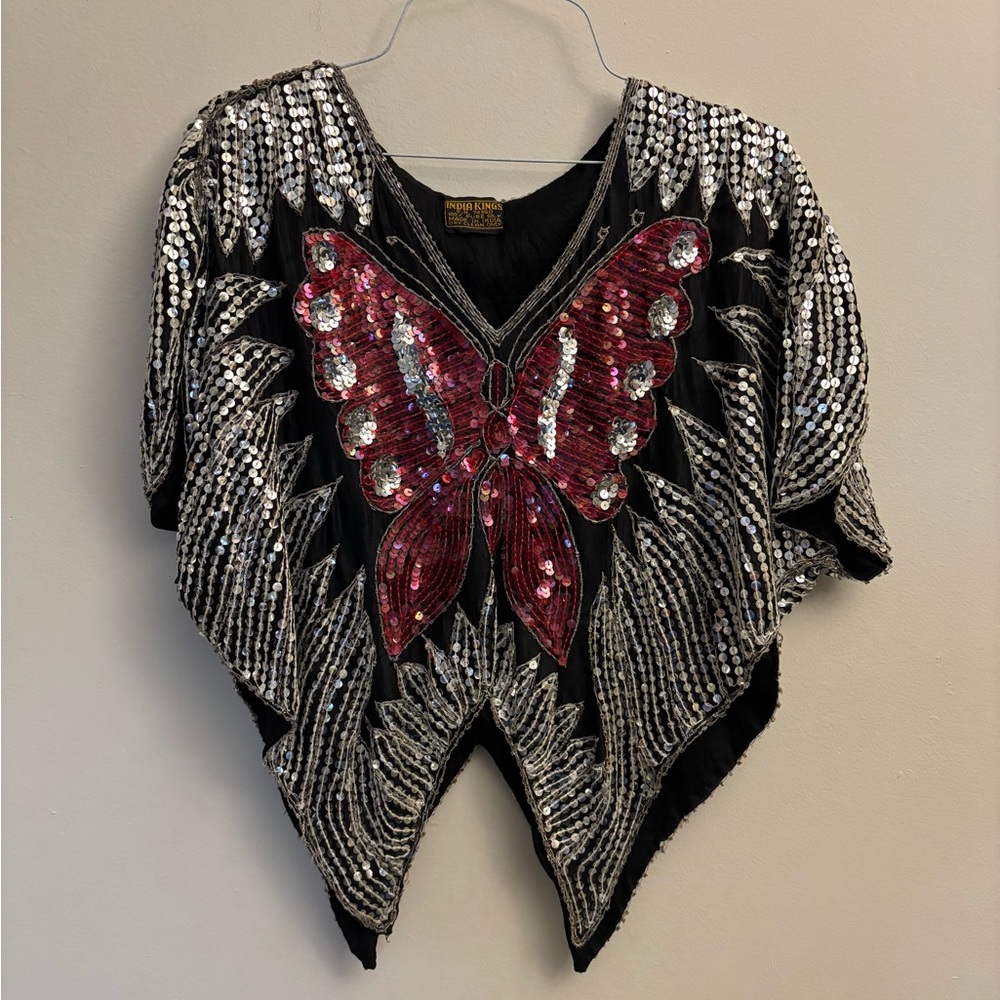 Vintage Sequin Butterfly Black Top